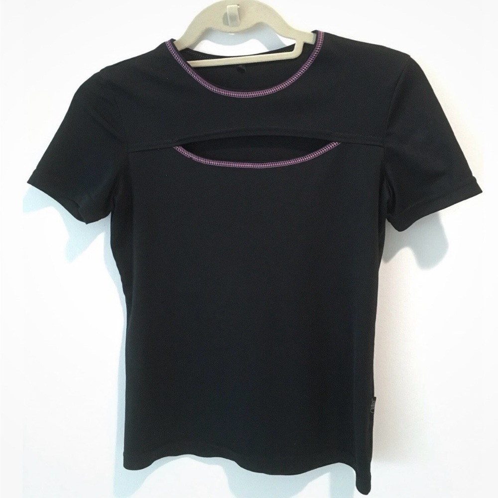 Black Stretch Athletic Top Keyhole Detail Purple Stitching NWT Size Small